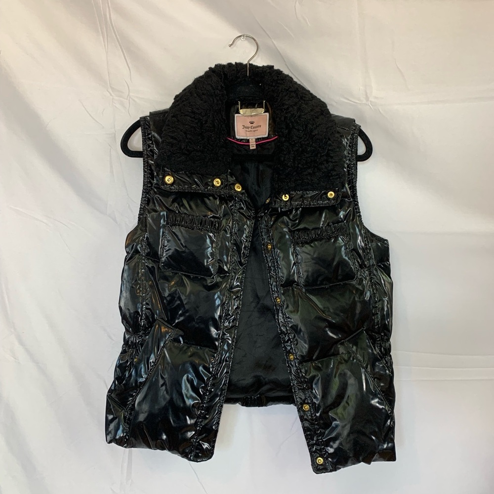 Vintage Juicy Couture Black Shiny Puffer Fur Collar Sinched Waist Vest
